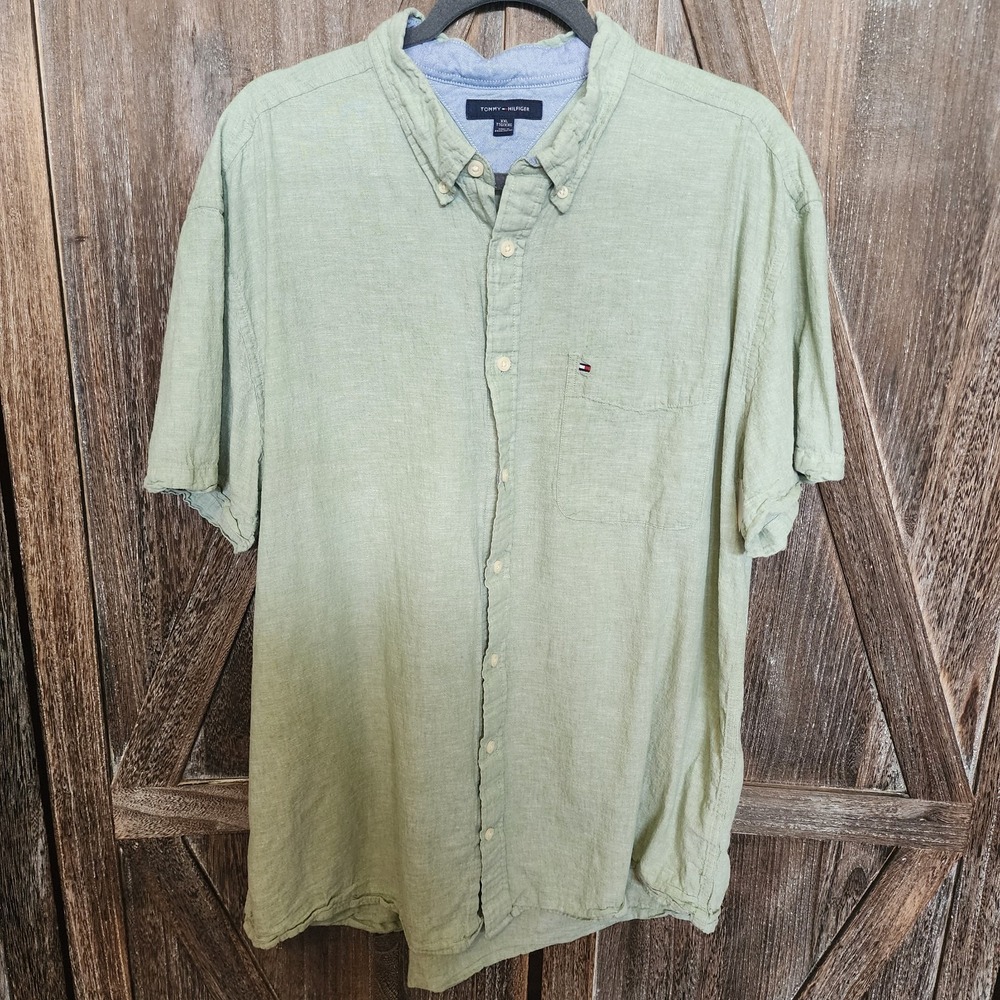 Tommy Hilfiger Shirt Men's Size XXL Green Button Up Linen Blend‎ Short Sleeve
